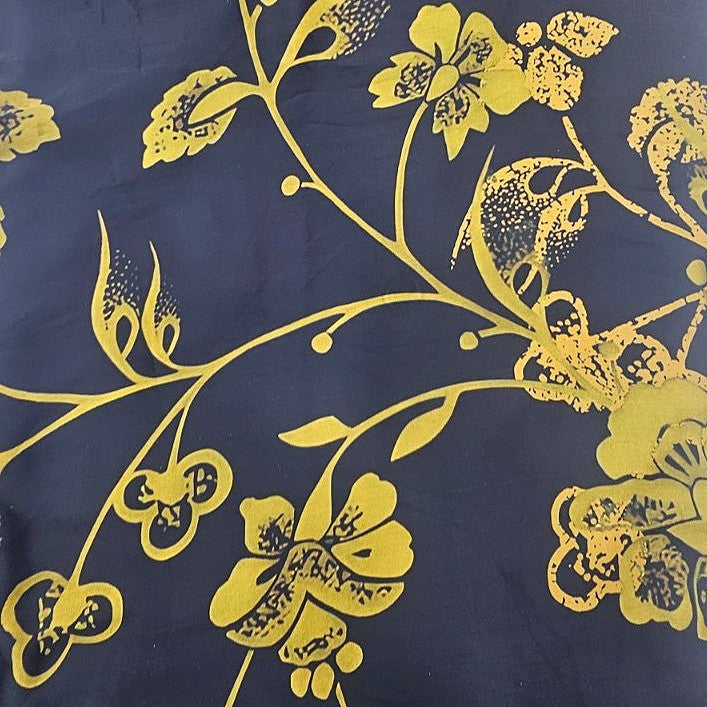 Black Floral Satin Fabric, laid flat