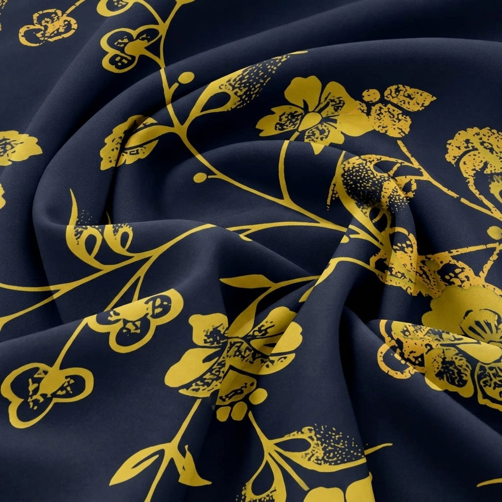 Swirled Black Floral Satin Fabric Showing Drape
