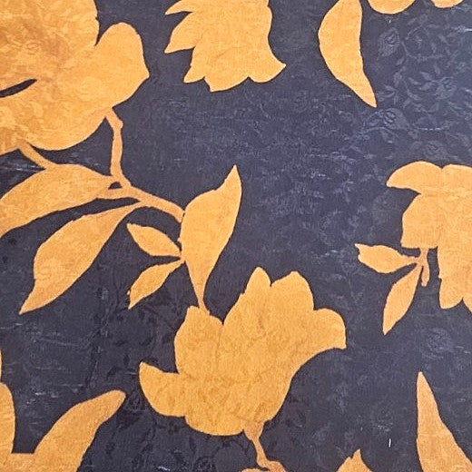 Black Floral Satin Fabric, laid flat