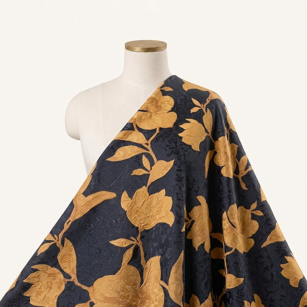 Black Floral Satin Fabric Draped as a saree