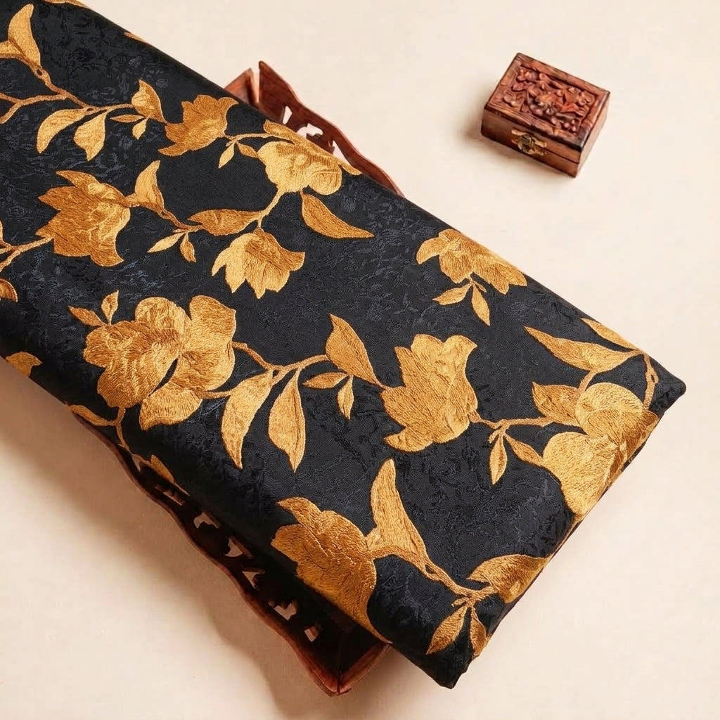 Folded Black Floral Satin Fabric Highlighting Texture