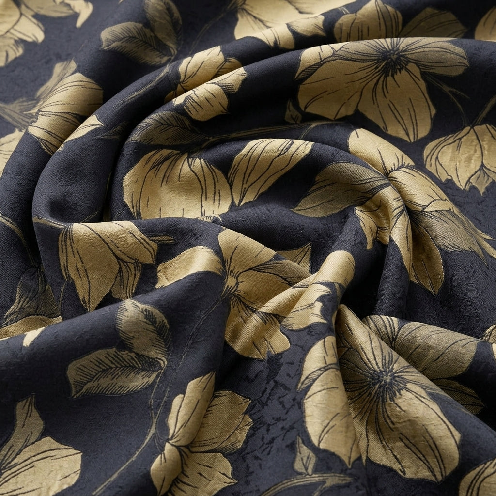 Swirled Black Floral Satin Fabric Showing Drape