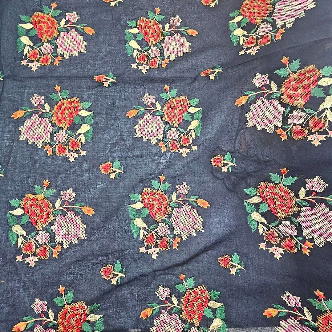 Black Floral Embroidery Cotton Fabric - EB13231
