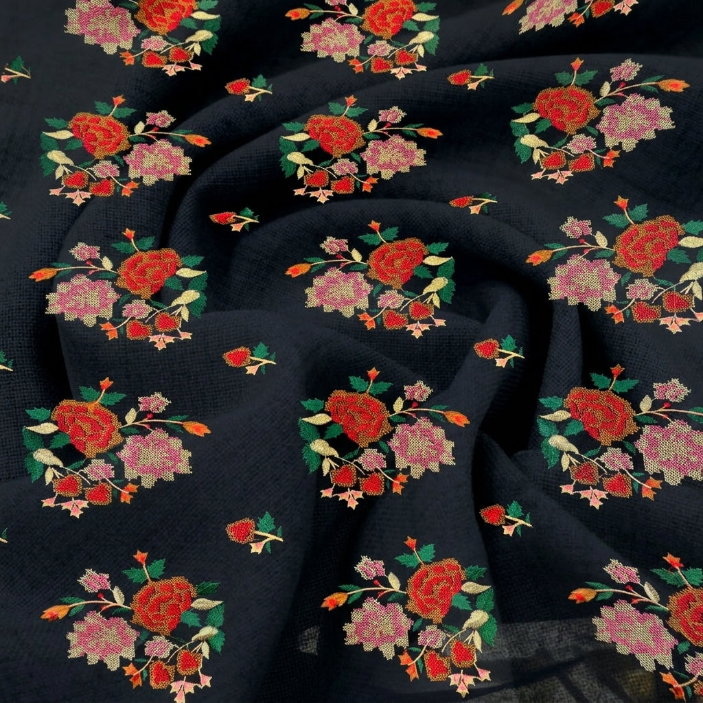 Black Floral Embroidery Cotton Fabric - EB13231