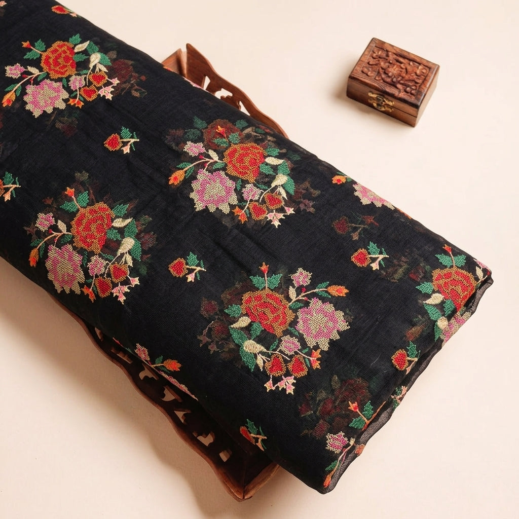 Black Floral Embroidery Cotton Fabric - EB13231