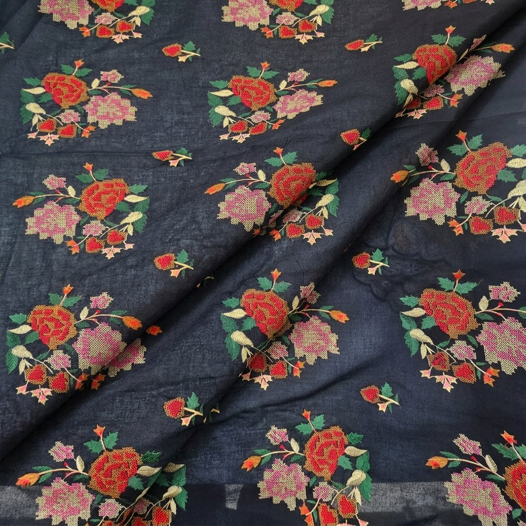 Black Floral Embroidery Cotton Fabric - EB13231