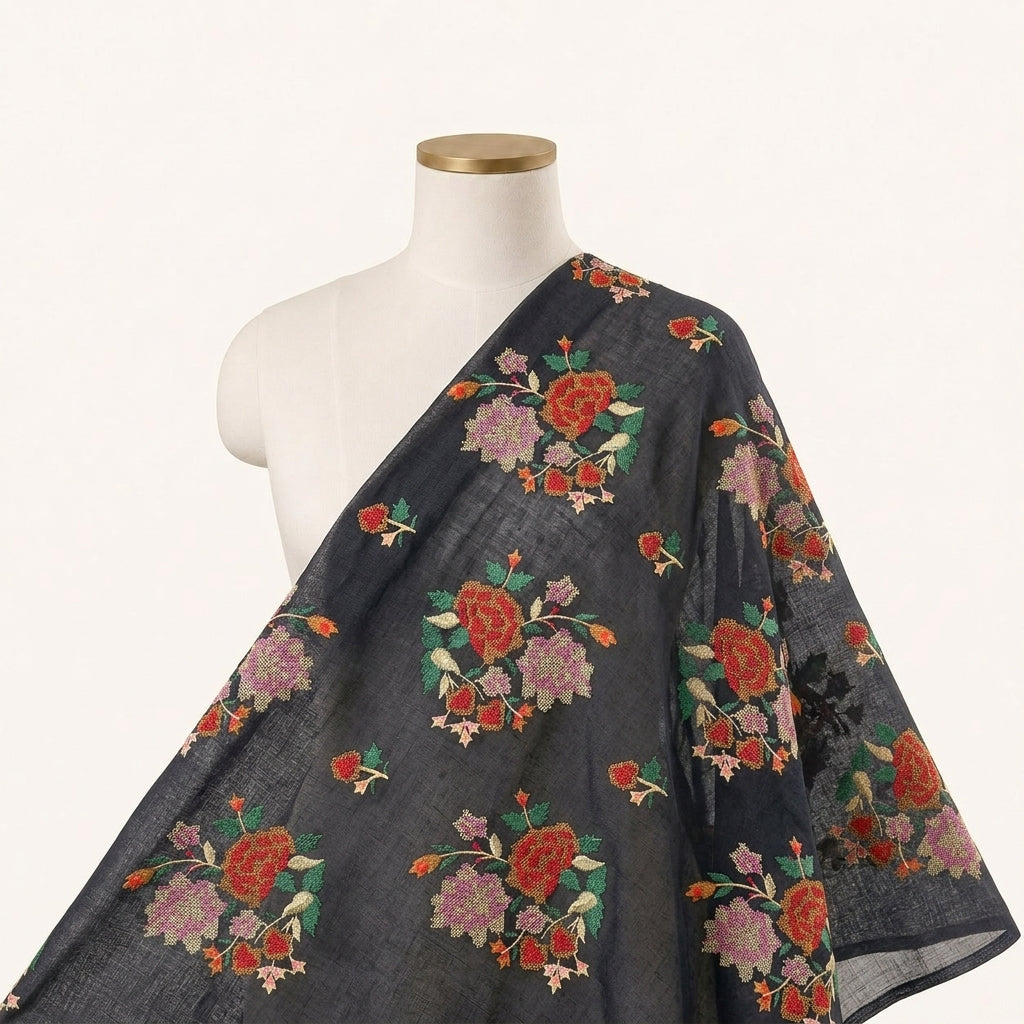 Black Floral Embroidery Cotton Fabric - EB13231