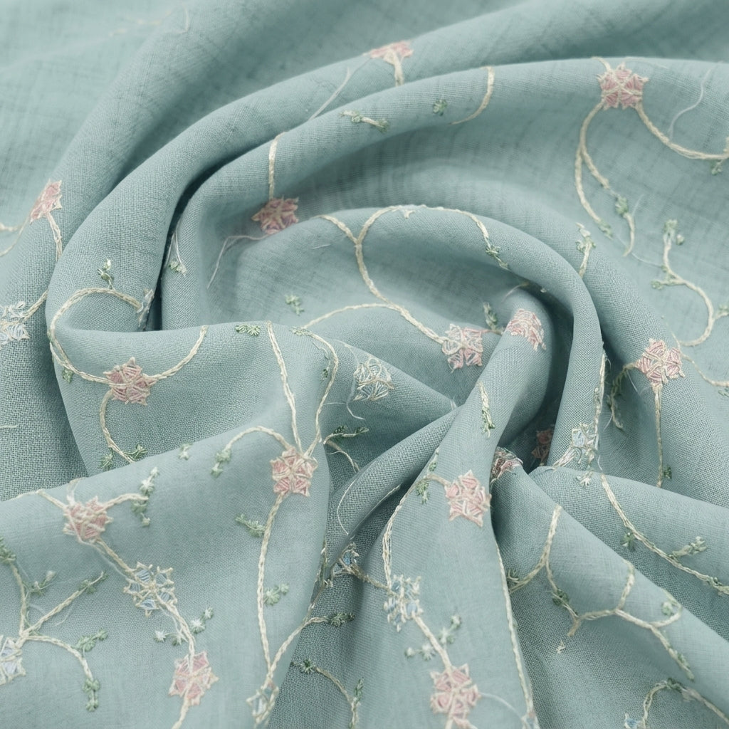 Swirled Embroidery Light Blue Embroidery Cotton Fabric