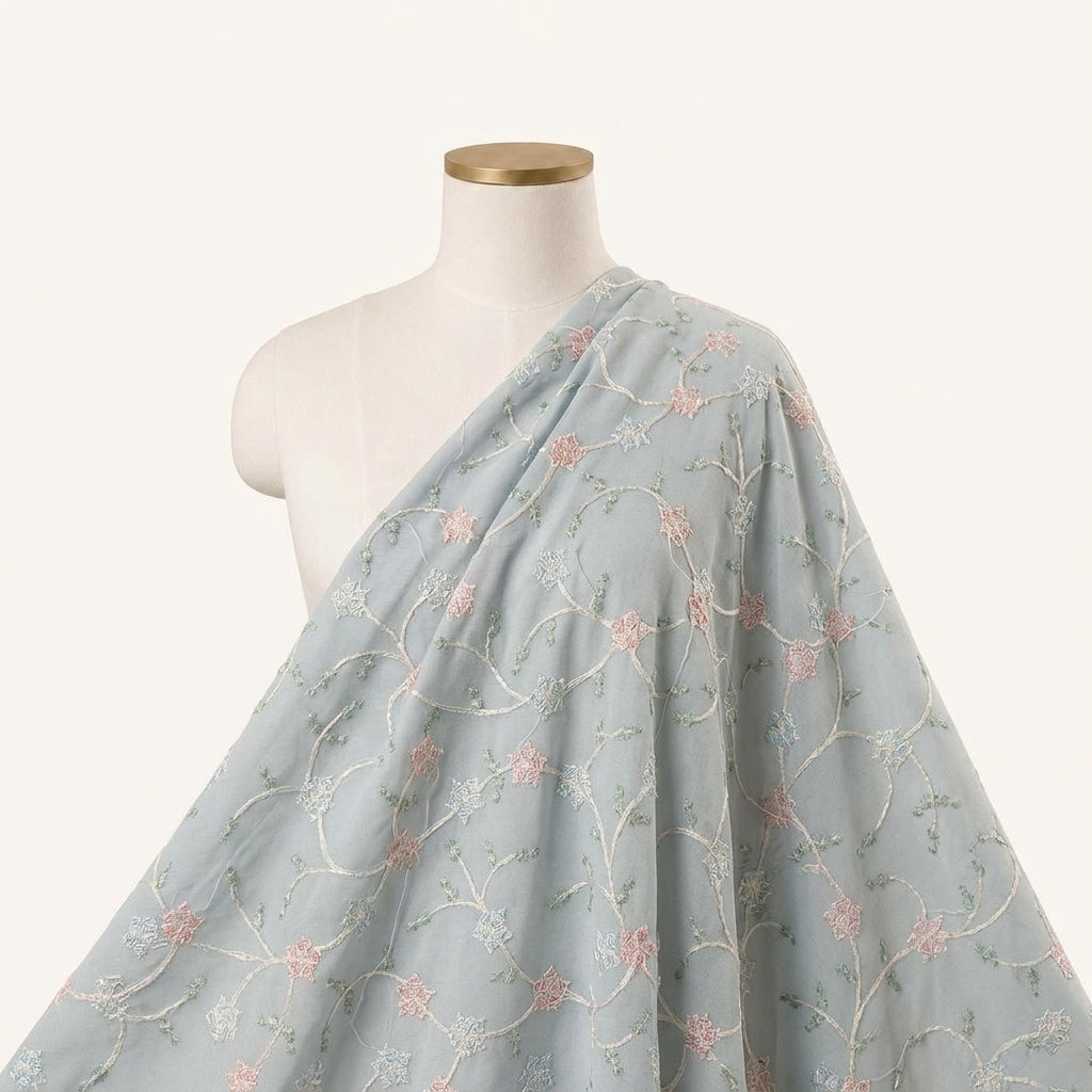 Embroidery Light Blue Embroidery Cotton Fabric Draped as a saree