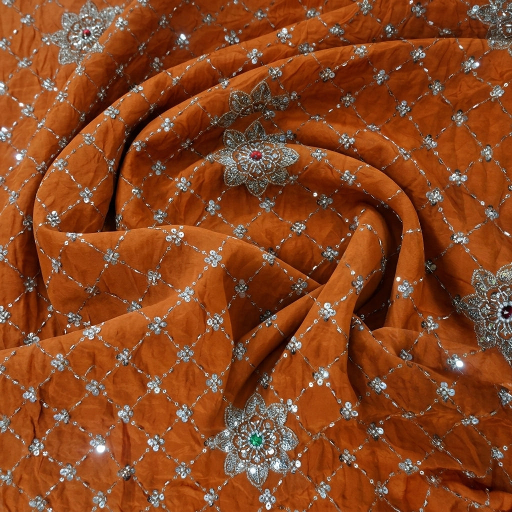Swirled Embroidery Orange Embroidery Crepe Fabric