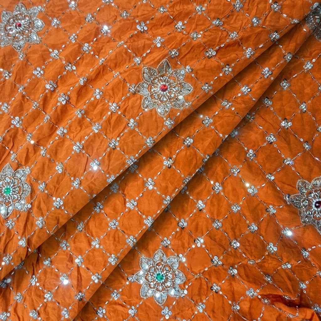 Folded Embroidery Orange Embroidery Crepe Fabric