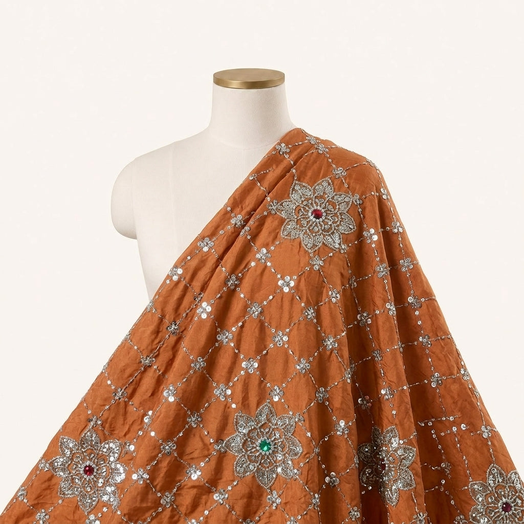 Embroidery Orange Embroidery Crepe Fabric Draped as a saree