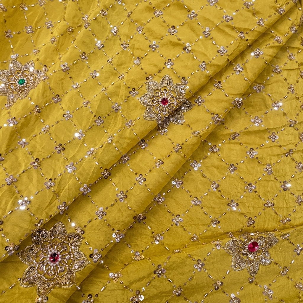 Folded Embroidery Yellow Embroidery Crepe Fabric