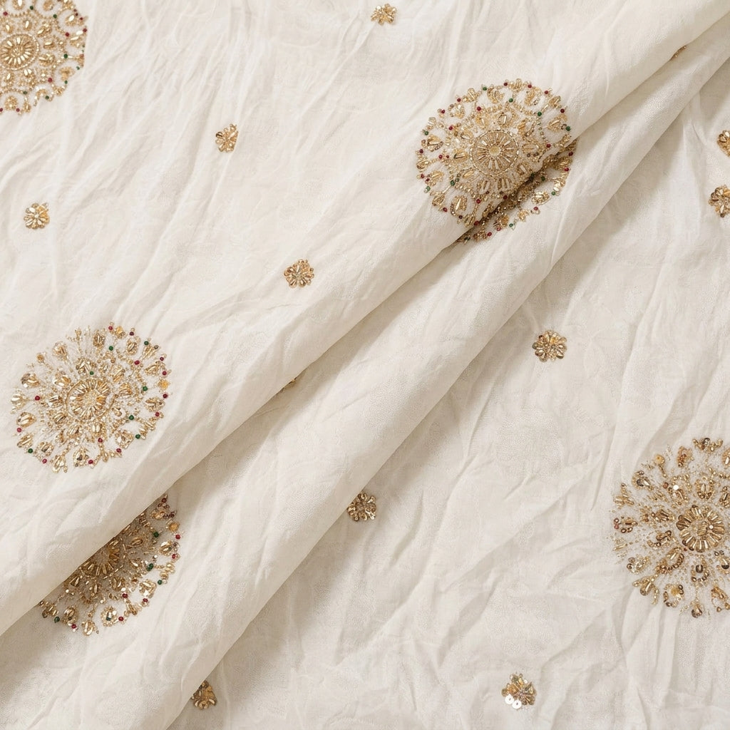 Folded Embroidery White Embroidery Crepe Fabric