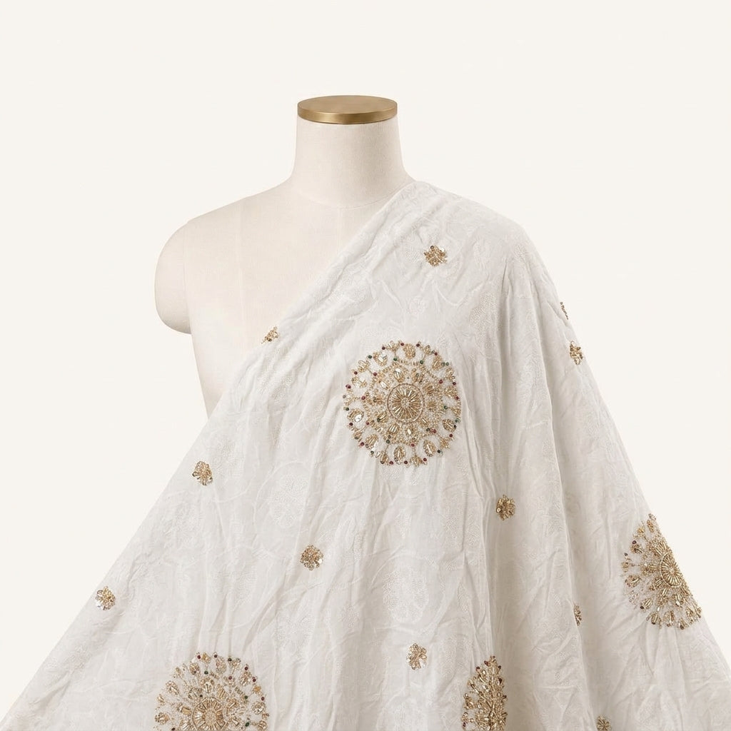 Embroidery White Embroidery Crepe Fabric Draped as a saree