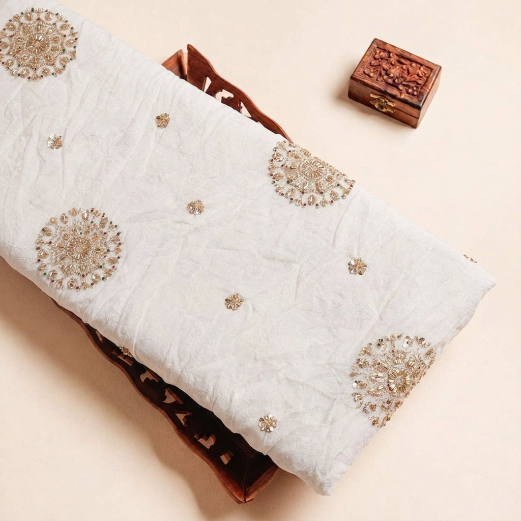 Folded White Embroidery Crepe Fabric Highlighting and Texture