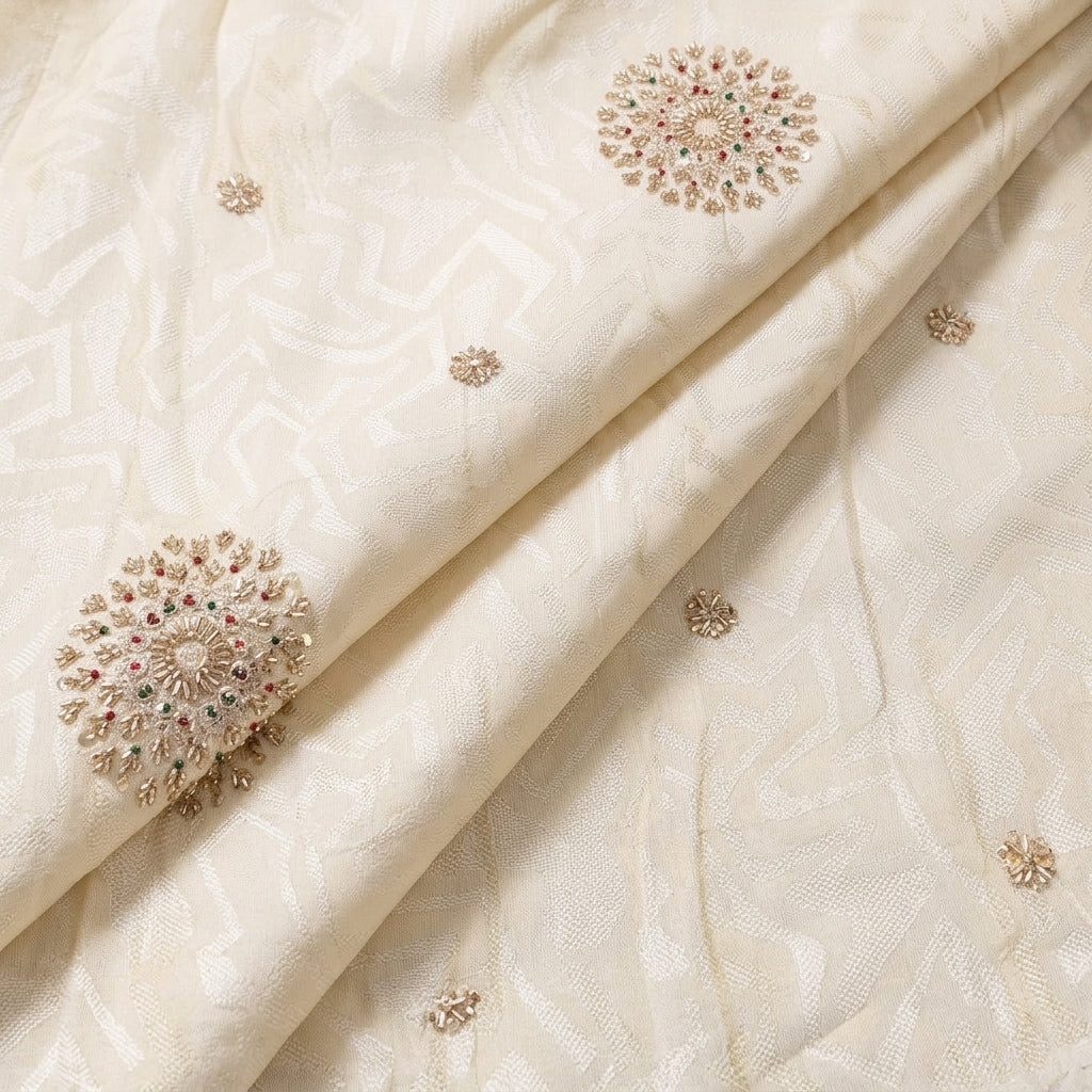 Folded Embroidery Cream Embroidery Crepe Fabric