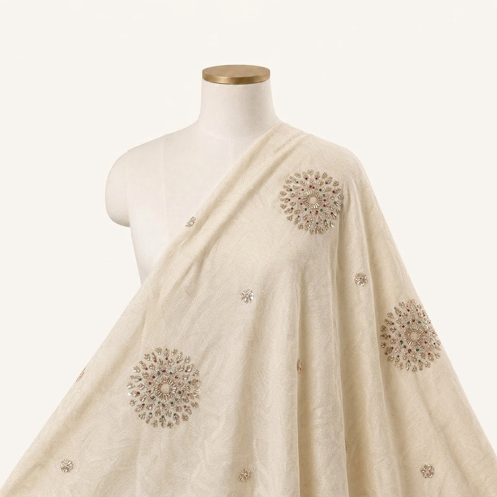 Embroidery Cream Embroidery Crepe Fabric Draped as a saree