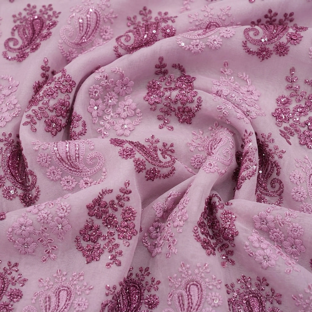 Swirled Embroidery Pink Embroidery Georgette Fabric