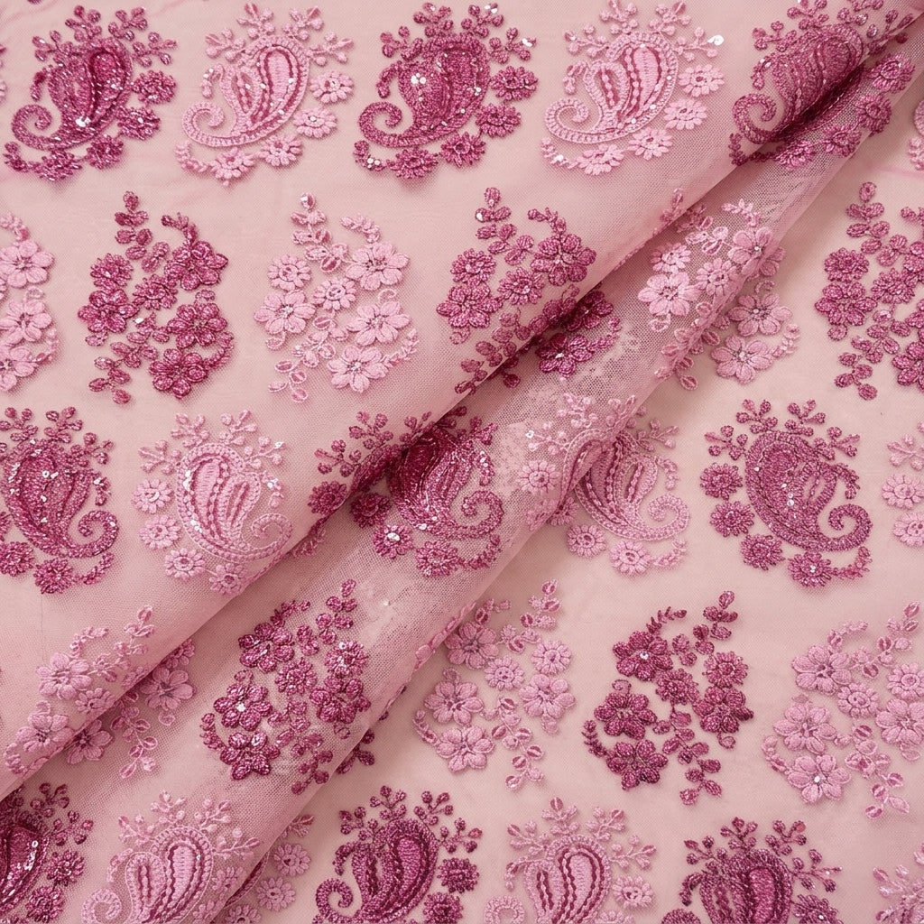 Folded Embroidery Pink Embroidery Georgette Fabric