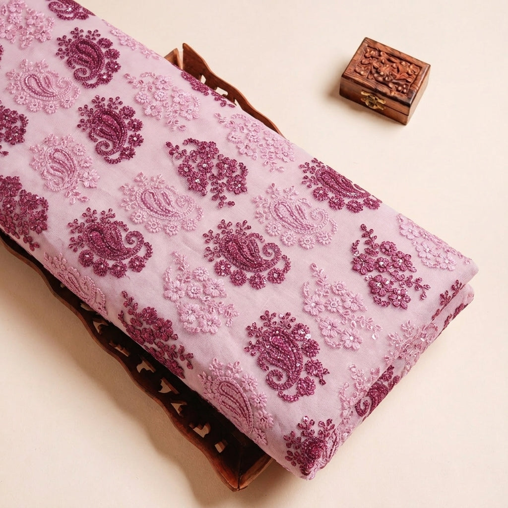 Folded Pink Embroidery Georgette Fabric Highlighting Paisley Floral Sequin and Texture