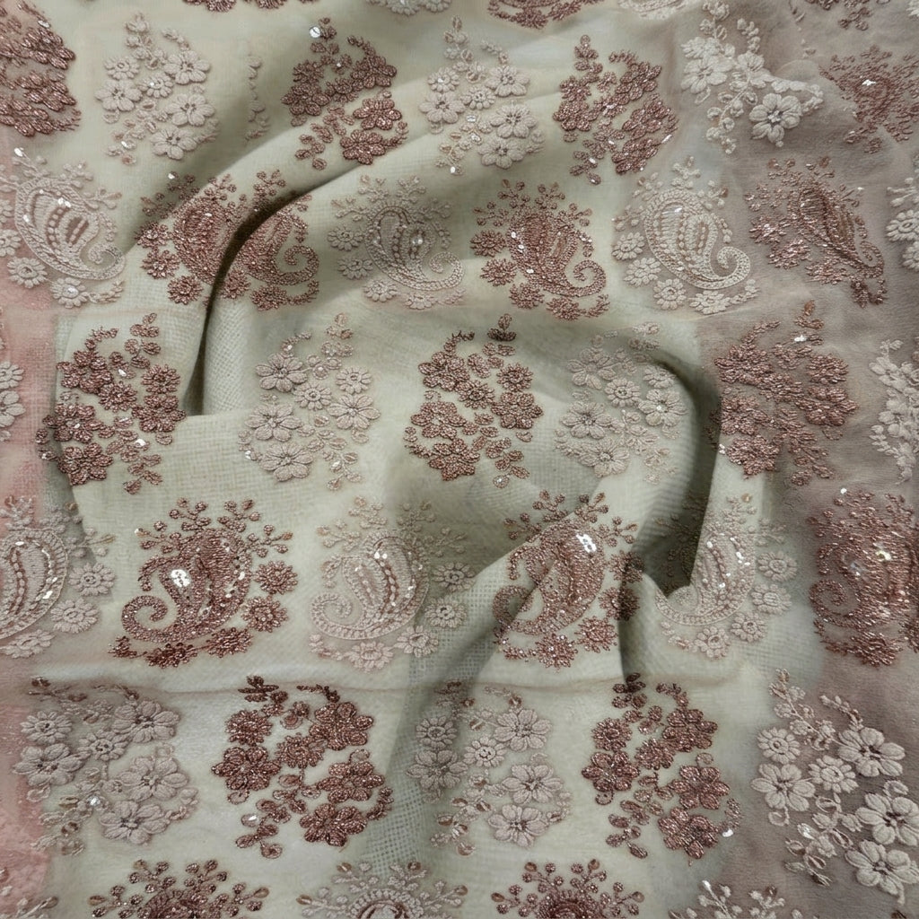 Swirled Embroidery Brown Embroidery Georgette Fabric