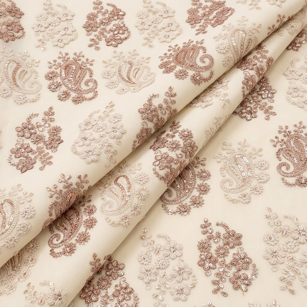 Folded Embroidery Brown Embroidery Georgette Fabric