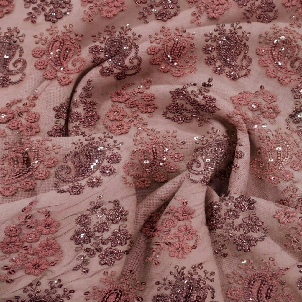 Swirled Embroidery Wine Embroidery Georgette Fabric