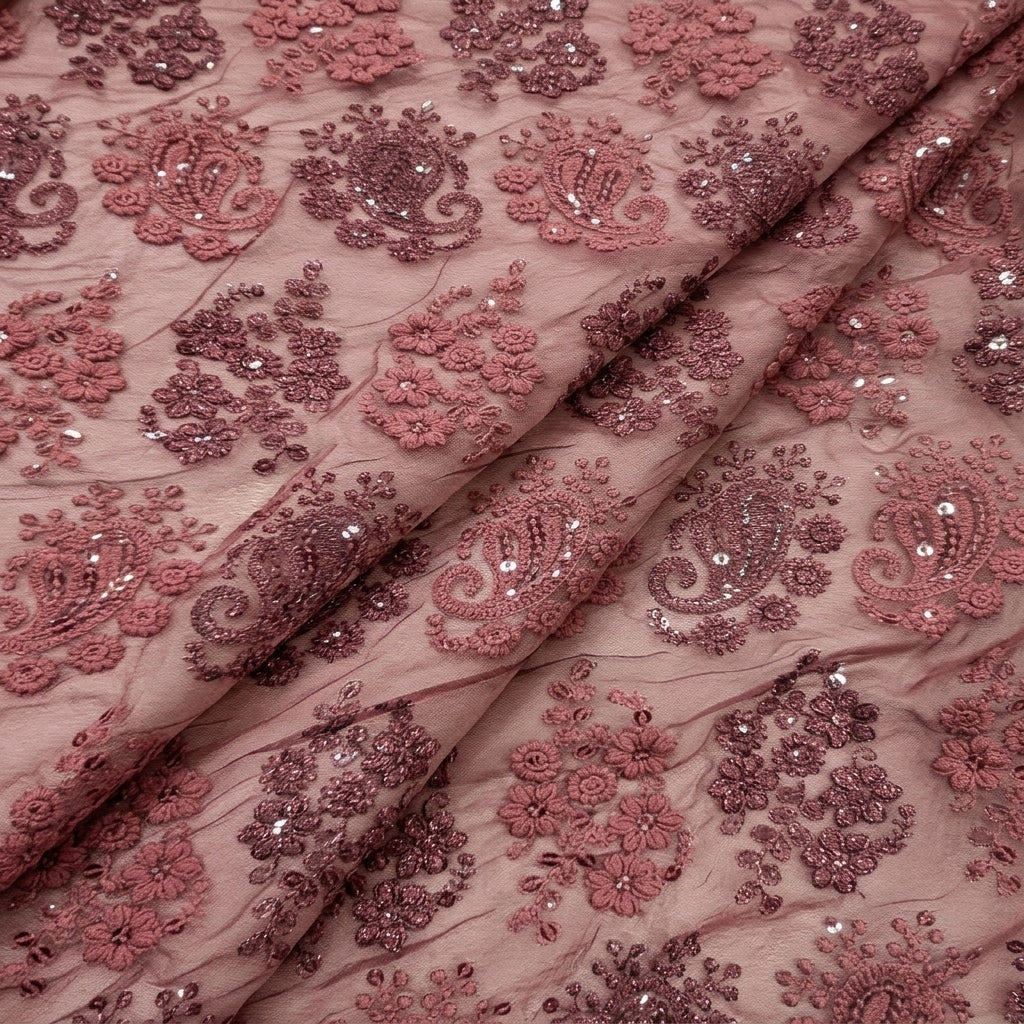 Folded Embroidery Wine Embroidery Georgette Fabric