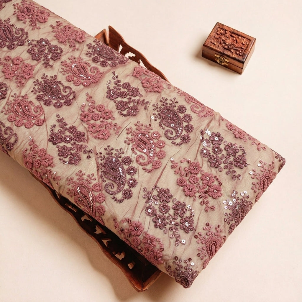 Folded Wine Embroidery Georgette Fabric Highlighting Paisley Floral Sequin and Texture