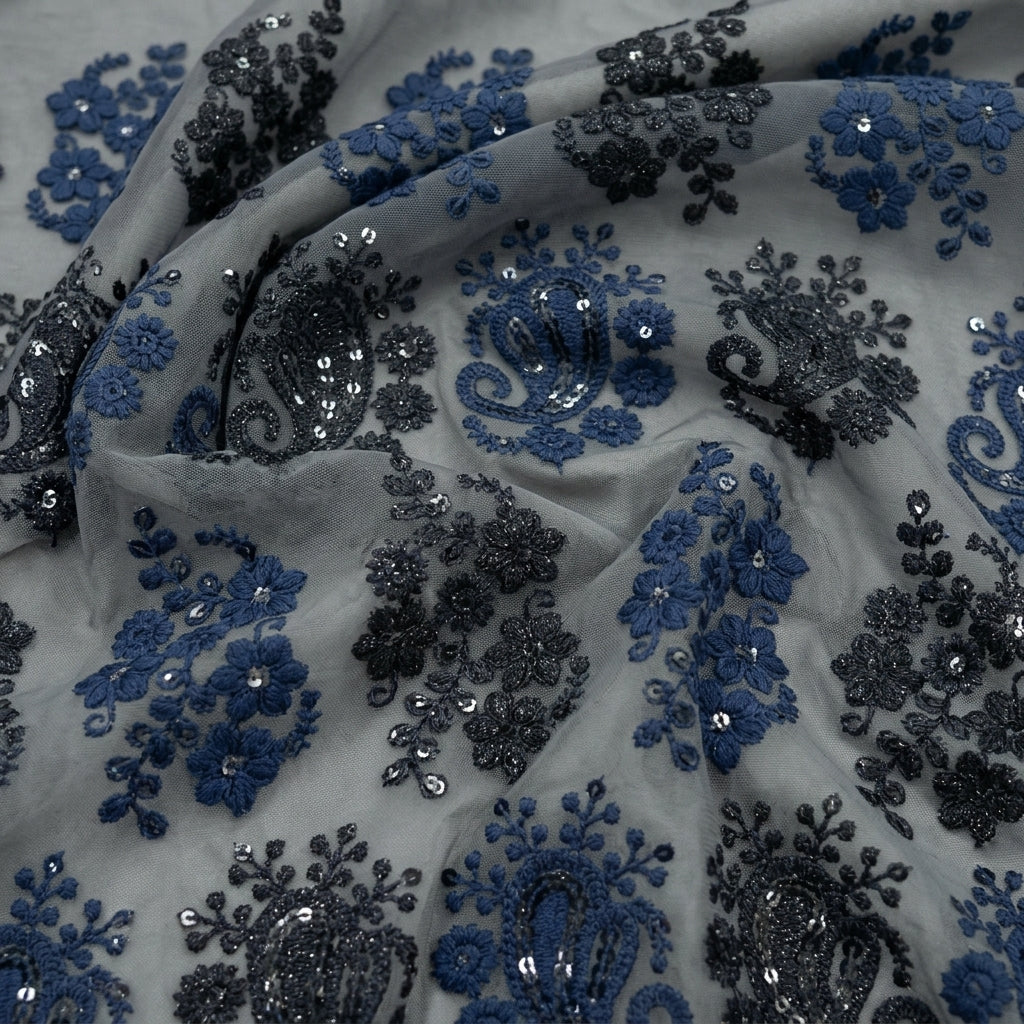 Swirled Embroidery Blue Embroidery Georgette Fabric