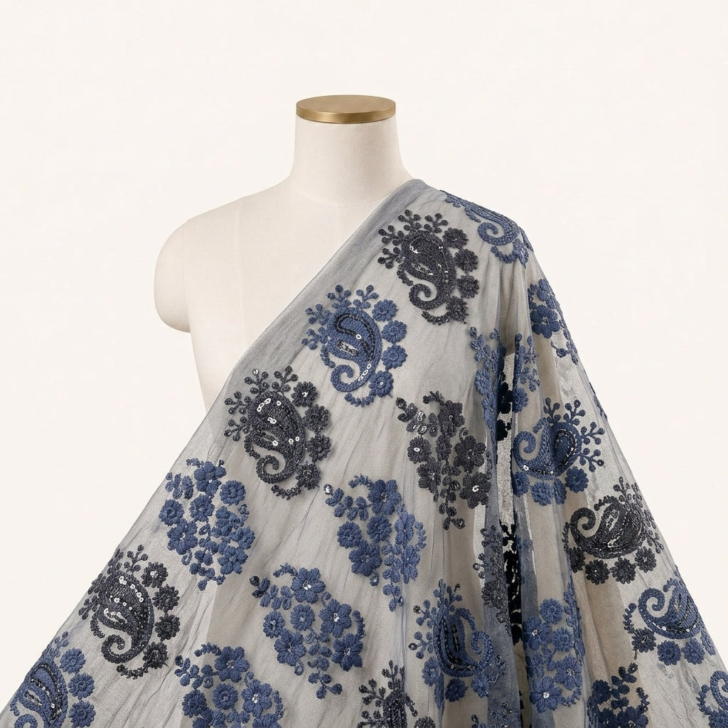 Embroidery Blue Embroidery Georgette Fabric Draped as a saree