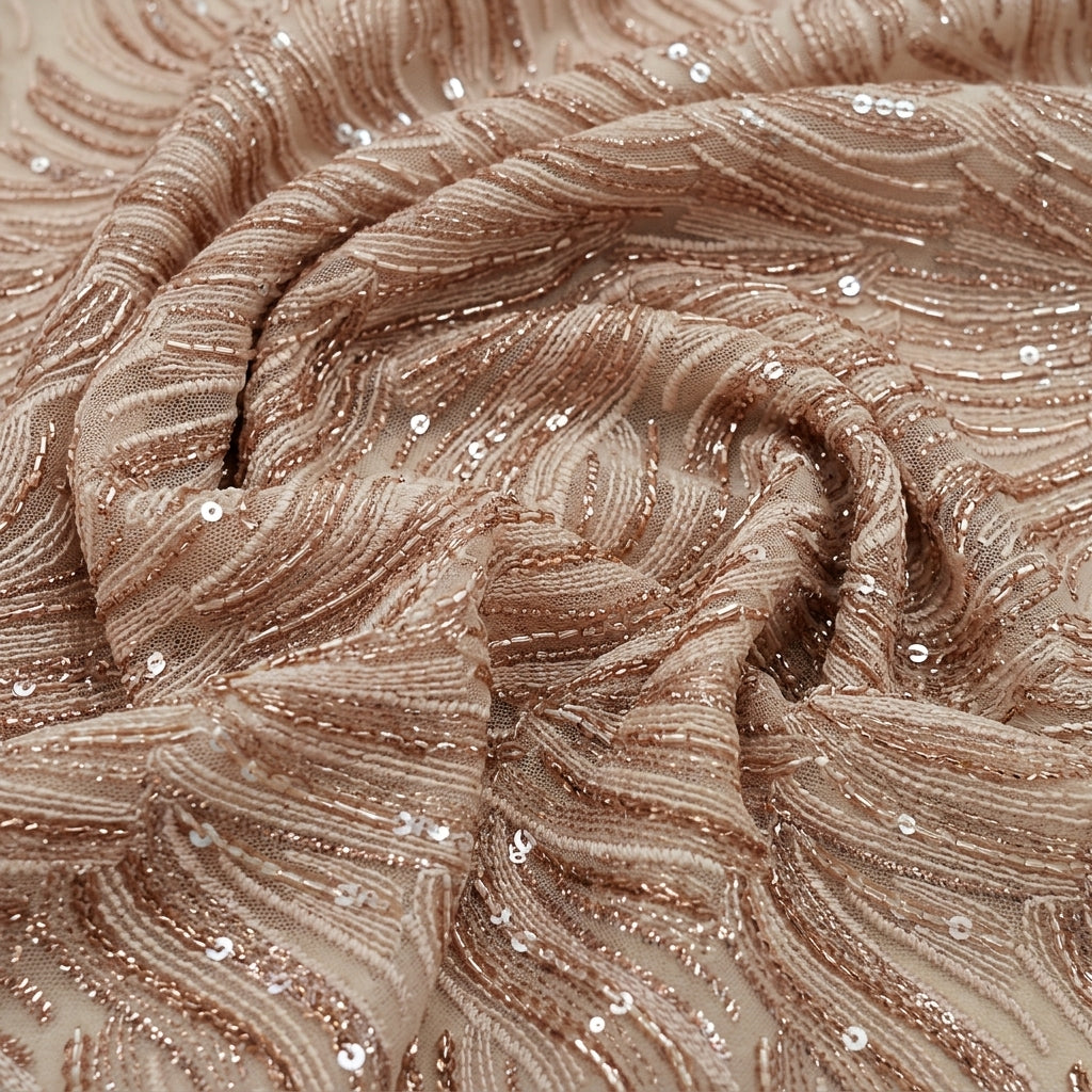 Swirled Embroidery Brown Embroidery Georgette Fabric