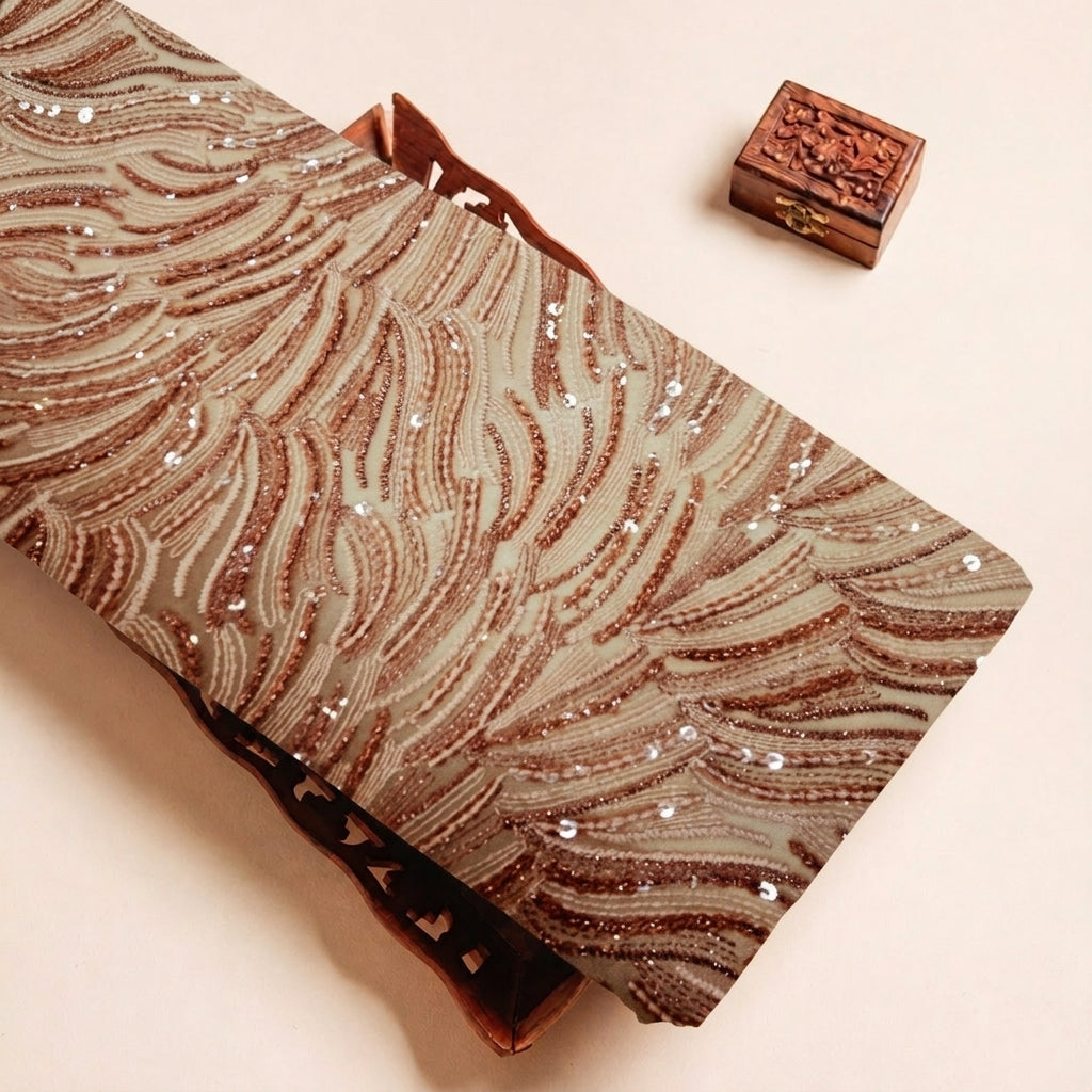 Folded Brown Embroidery Georgette Fabric Highlighting Sequin and Texture