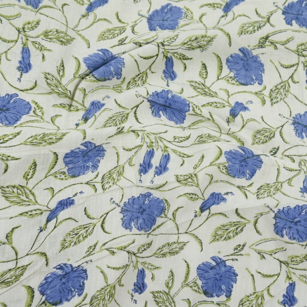 Swirled Floral White Blue Floral Linen Fabric