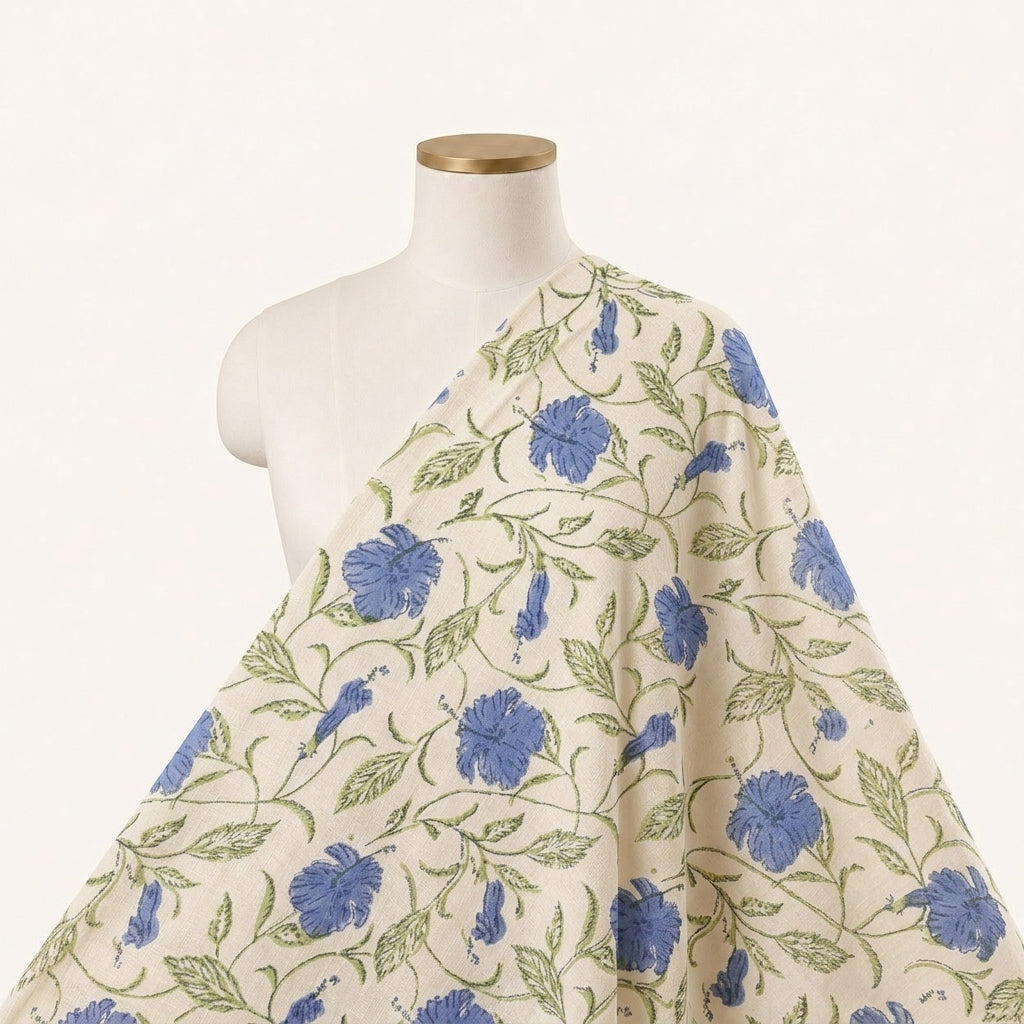 Floral White Blue Floral Linen Fabric Draped as a saree