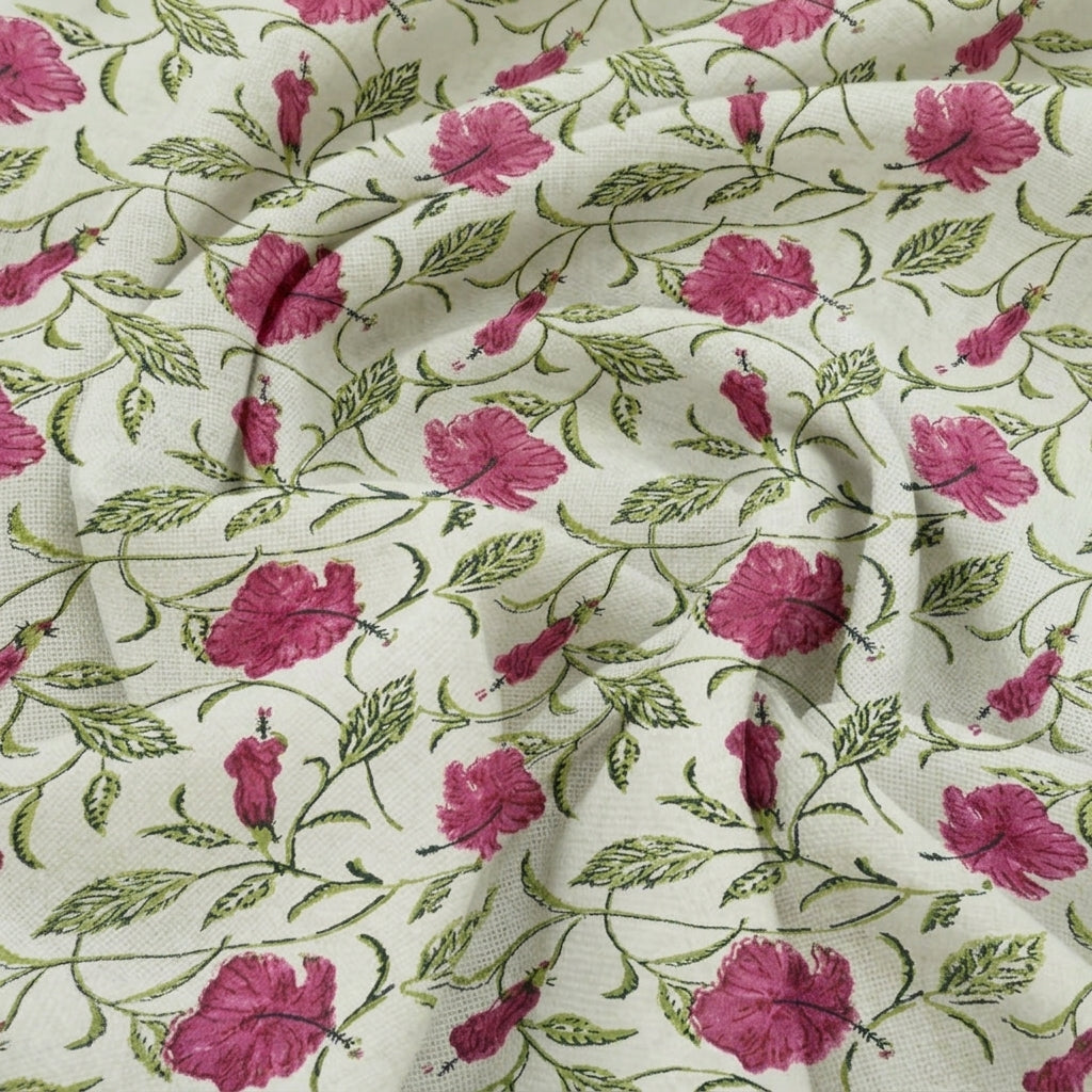 Swirled Floral White Pink Floral Linen Fabric
