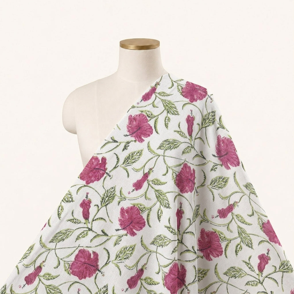 Floral White Pink Floral Linen Fabric Draped as a saree