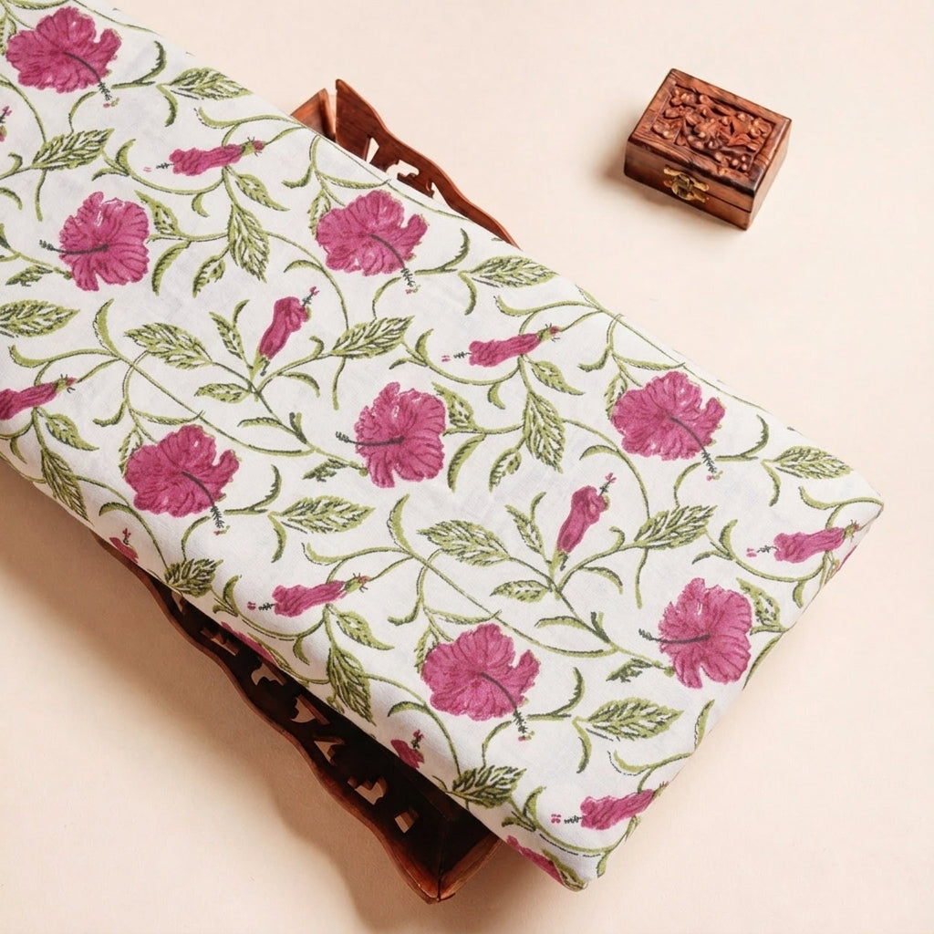 Folded White Pink Floral Linen Fabric Highlighting and Texture