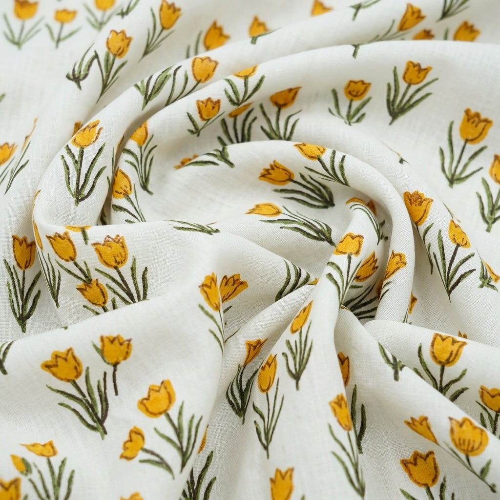 Swirled Floral White Yellow Floral Linen Fabric