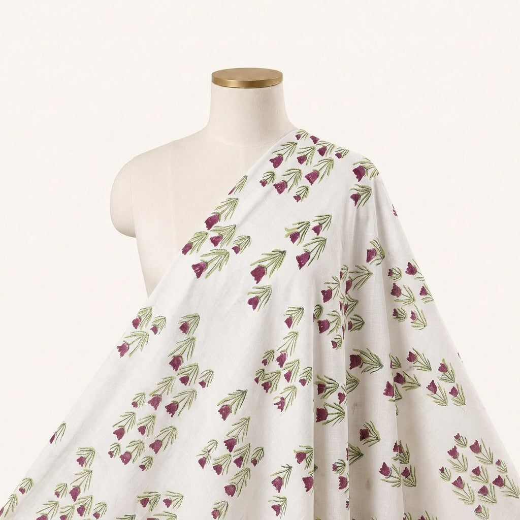 Floral White Pink Floral Linen Fabric Draped as a saree