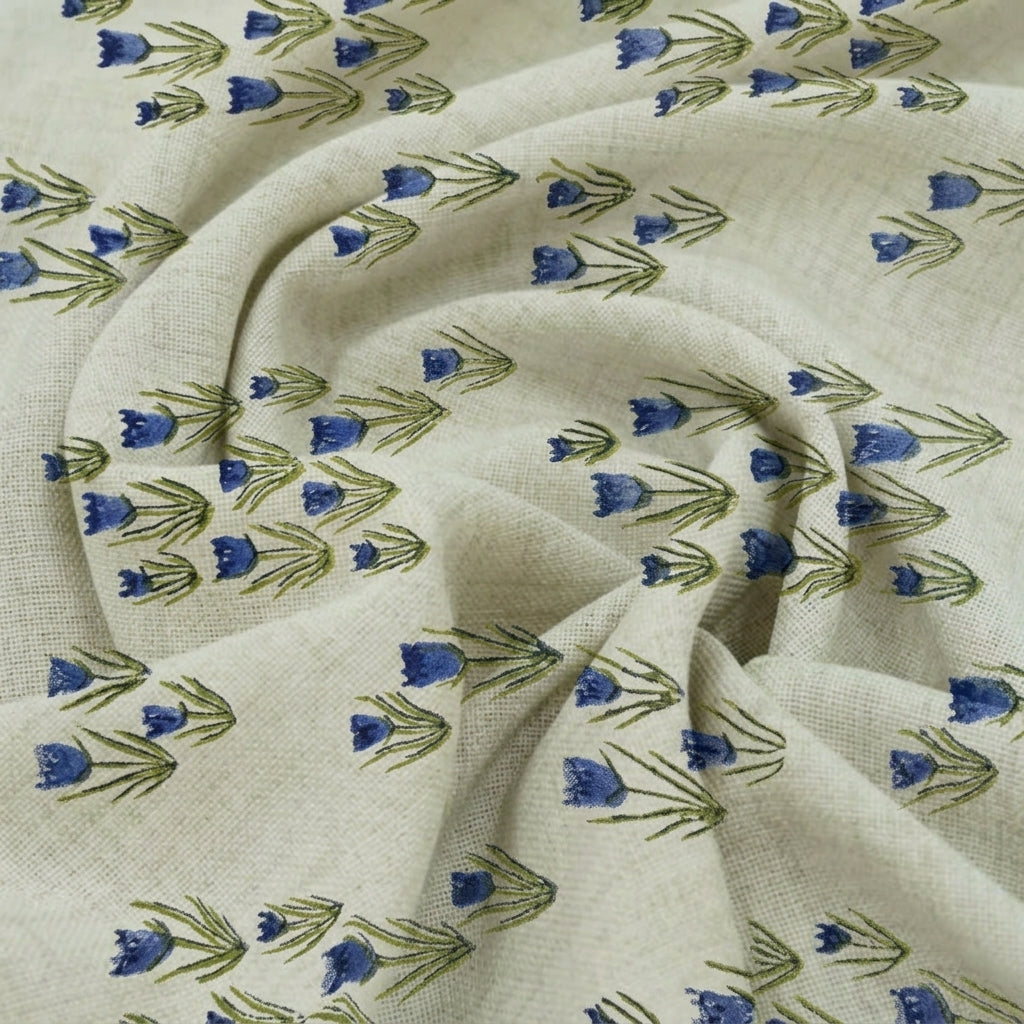 Swirled Floral White Blue Floral Linen Fabric