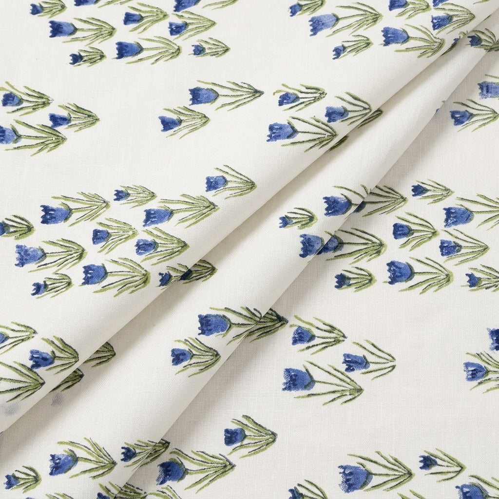 Folded Floral White Blue Floral Linen Fabric