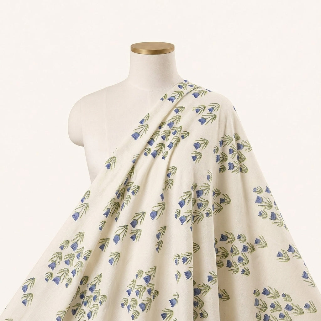 Floral White Blue Floral Linen Fabric Draped as a saree