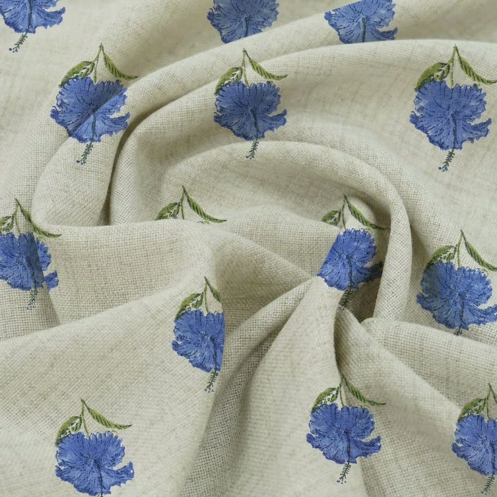 Swirled Floral White Blue Floral Linen Fabric