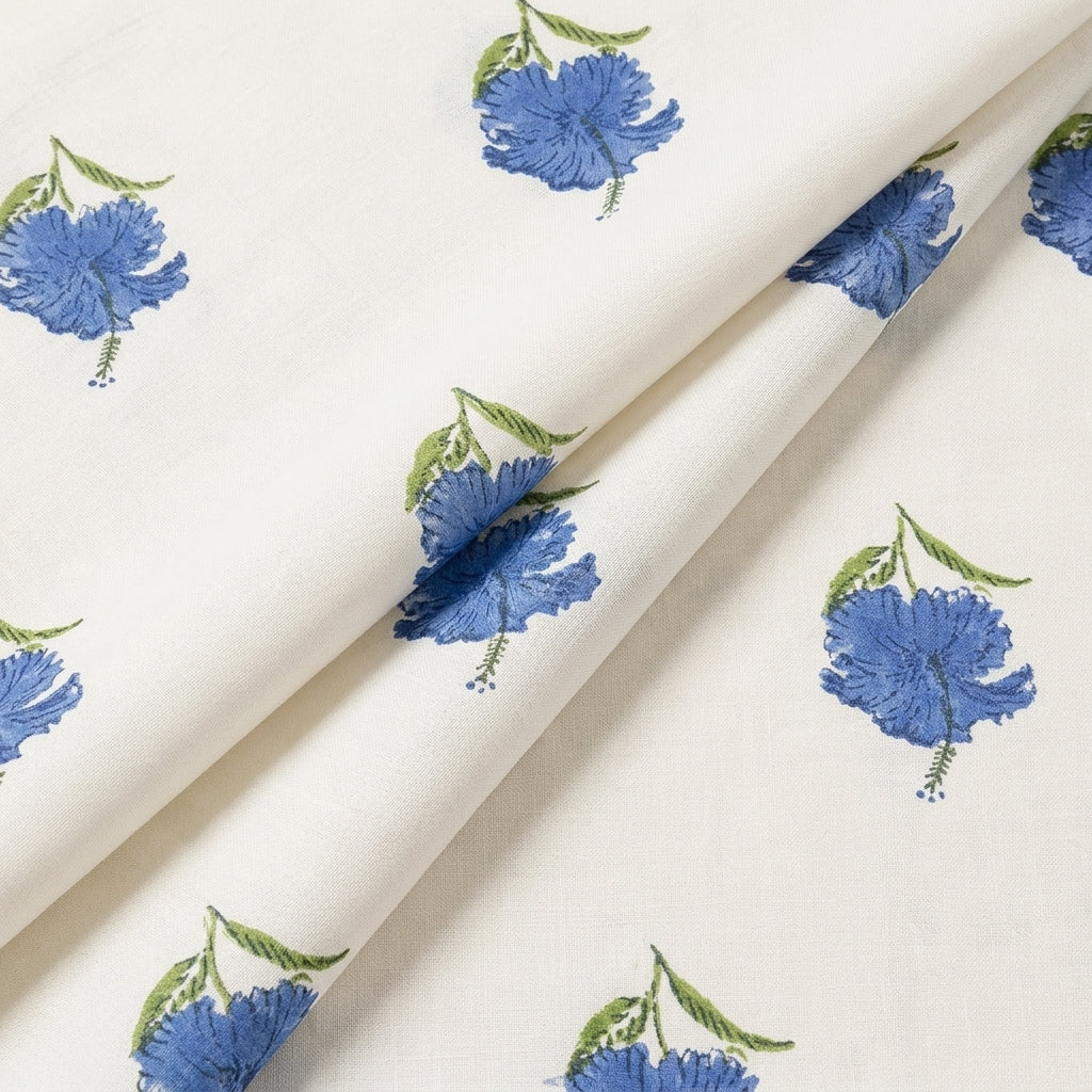 Folded Floral White Blue Floral Linen Fabric