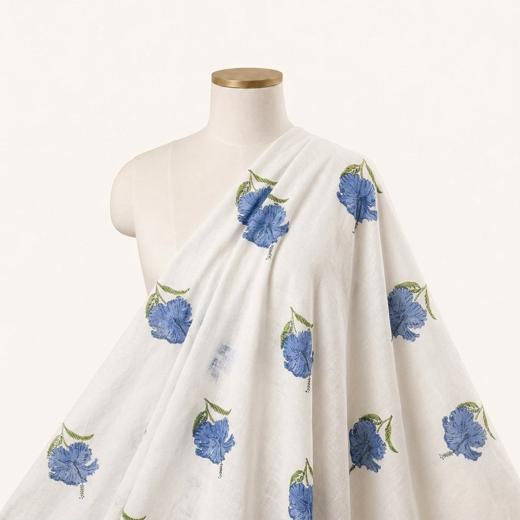 Floral White Blue Floral Linen Fabric Draped as a saree