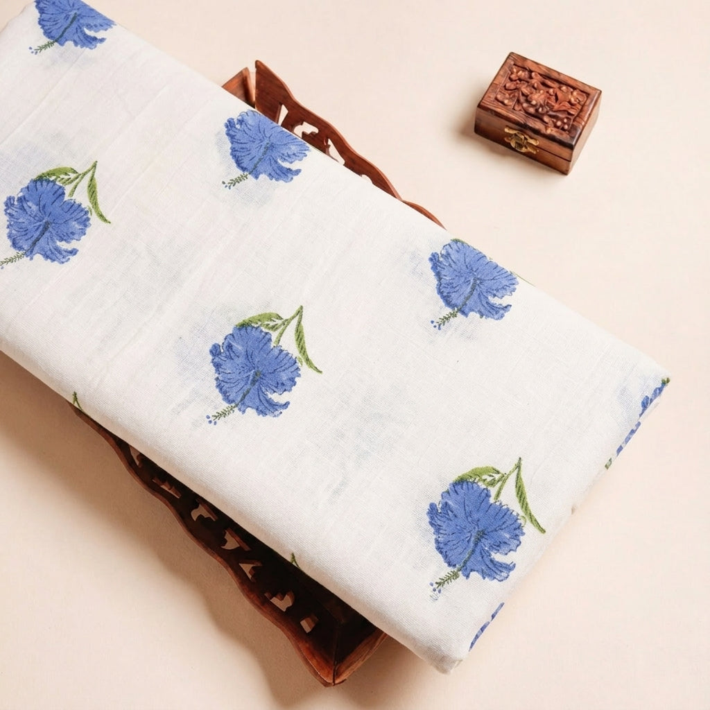 Folded White Blue Floral Linen Fabric Highlighting and Texture
