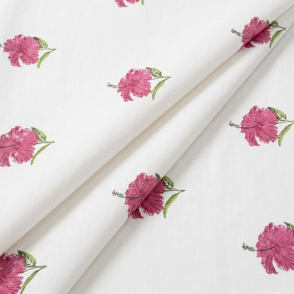 Folded Floral White Pink Floral Linen Fabric