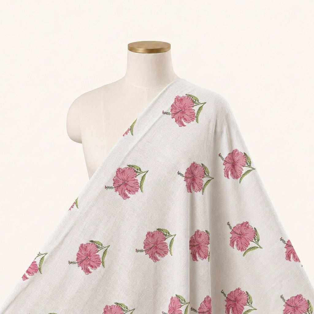 Floral White Pink Floral Linen Fabric Draped as a saree